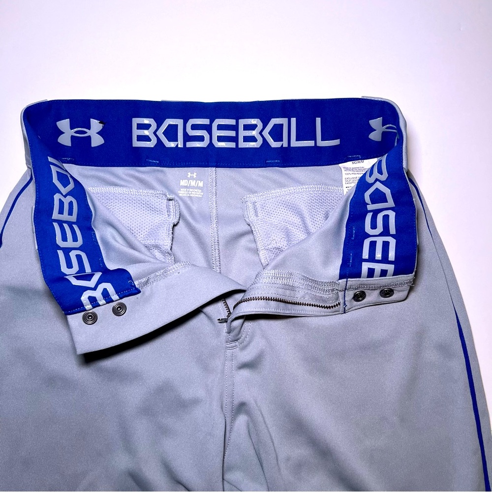 Under Armour Gray & Blue Men's Baseball Pants. Snap & Zip Closure. Size: Medium
